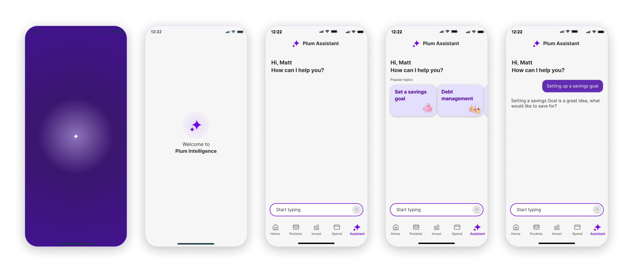 First-time experience flow — splash screen, welcome, assistant landing with topic cards, and first guided conversation